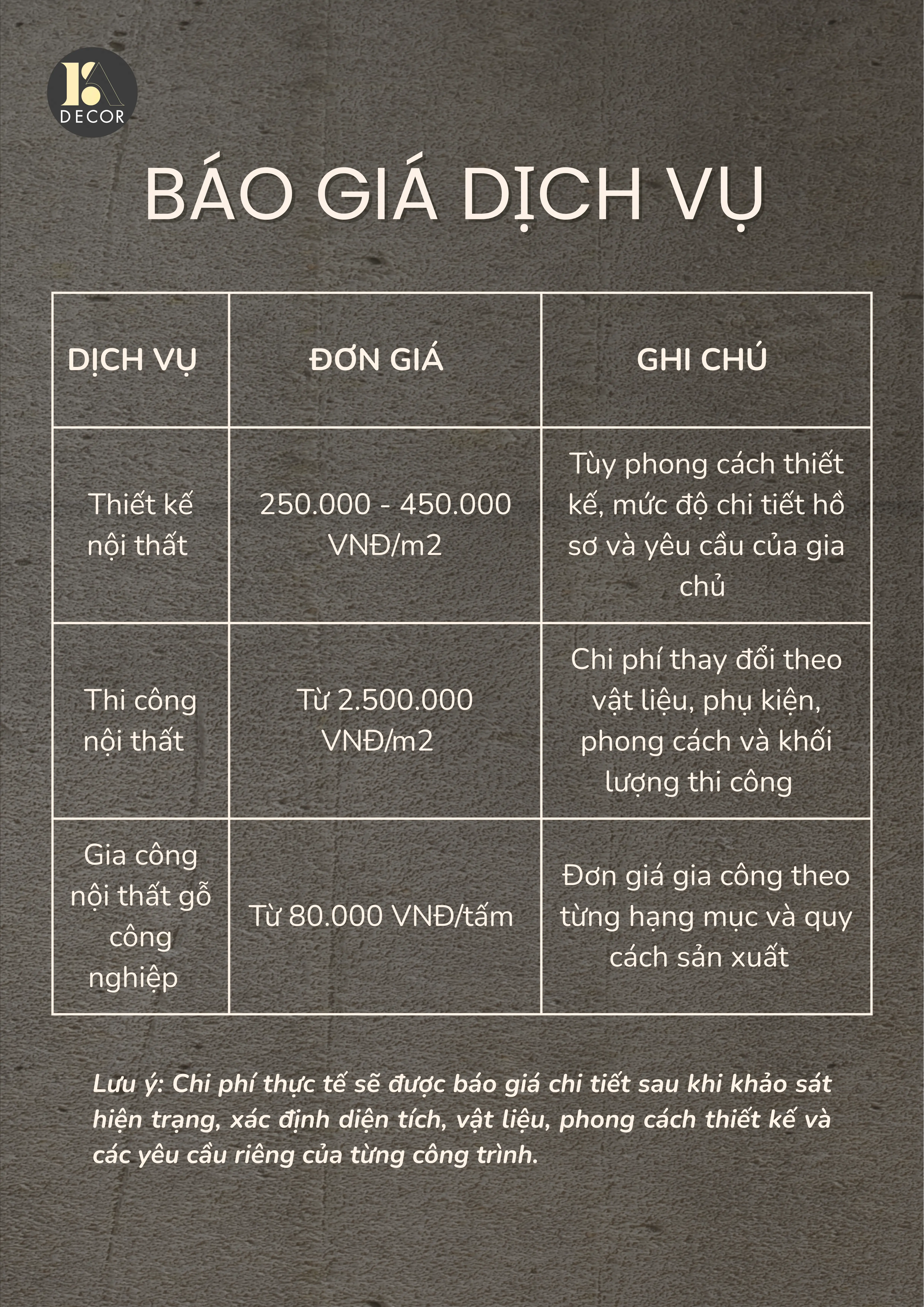 Bảng báo giá các dịch vụ tại B.A Decor